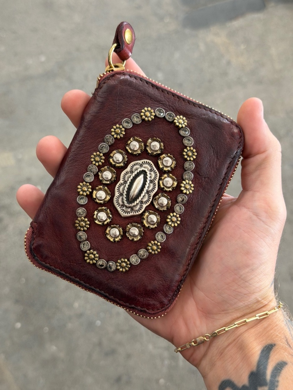 Campomaggi Leather Studded & Embellished Bifold Zip Wallet in Vinaccia